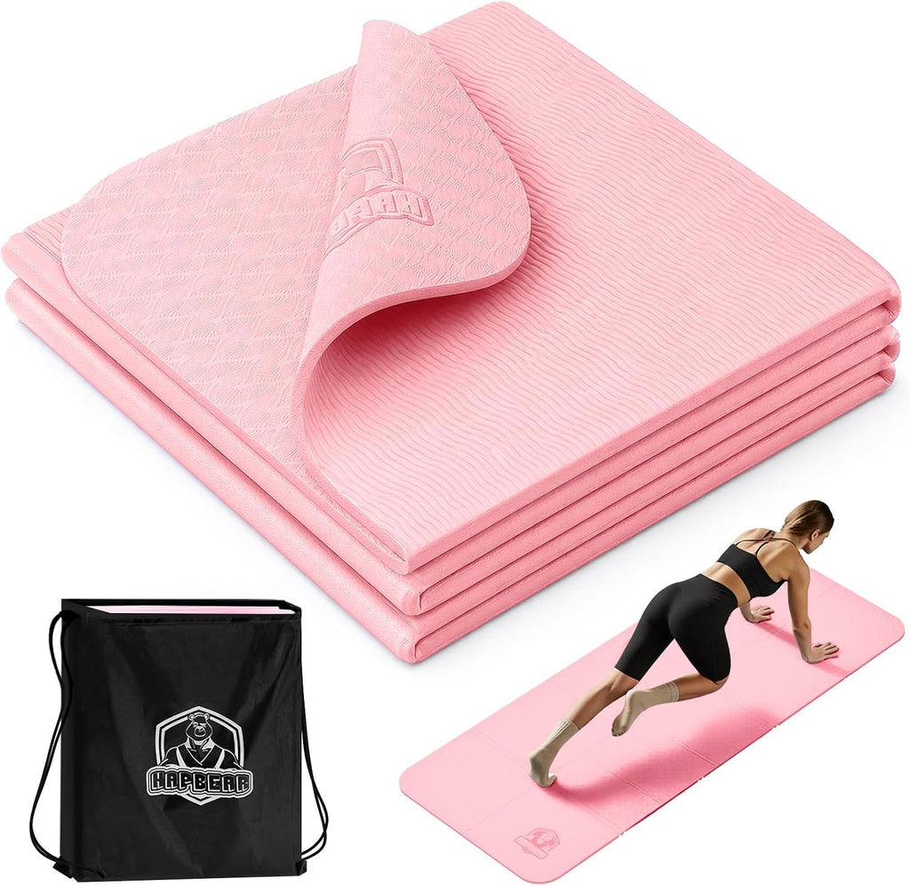 HAPBEAR Foldable Yoga Mat - 72"x24"x0.24" (6mm), Non-Slip TPE Exercise Mat for Home Workout, Yoga, Pilates,Stretching, & Travel, Durable & Eco-Friendly, Includes Carry Bag