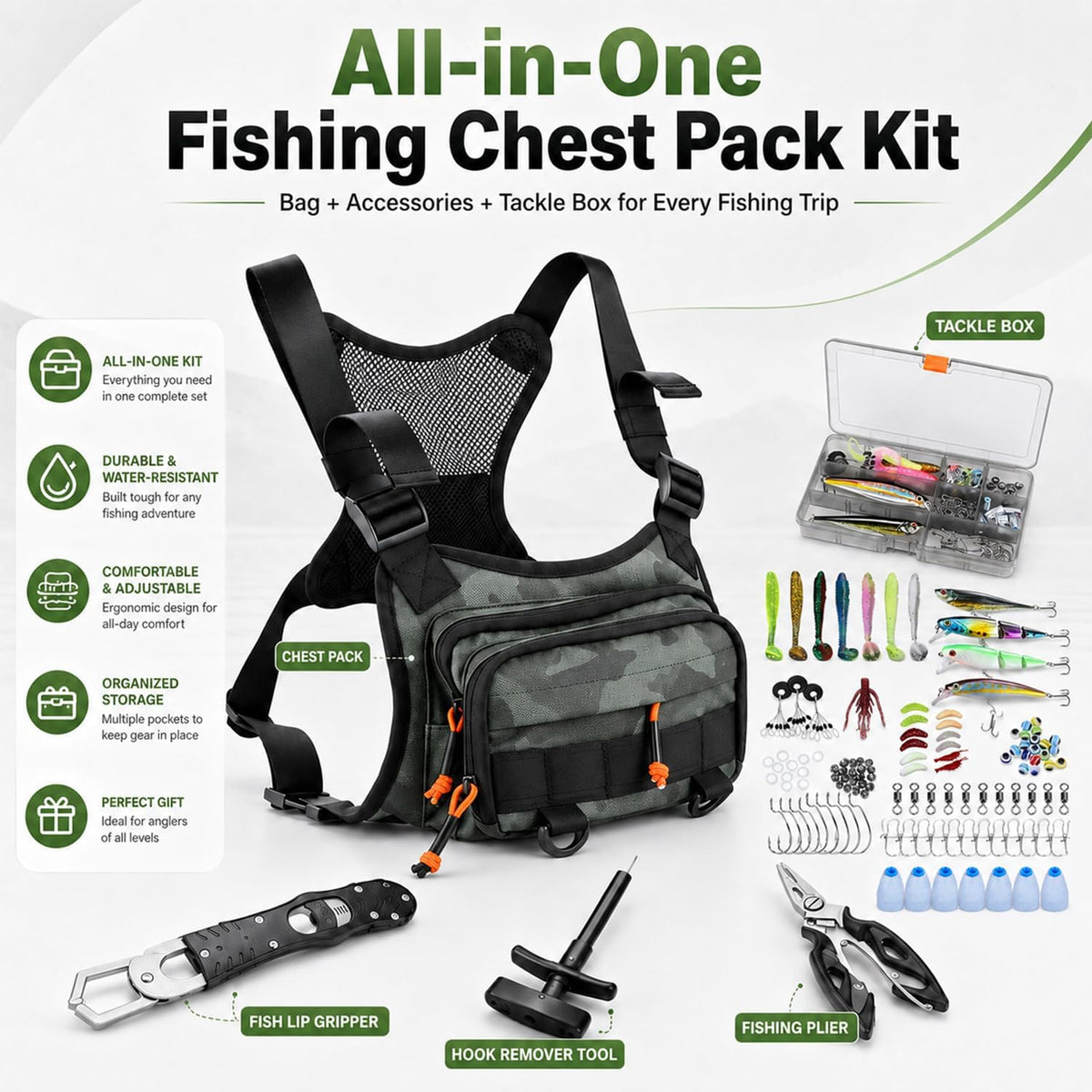 All in One Fishing Chest Pack Tackle Bag with Tackle Box, Fishing Lures Kit