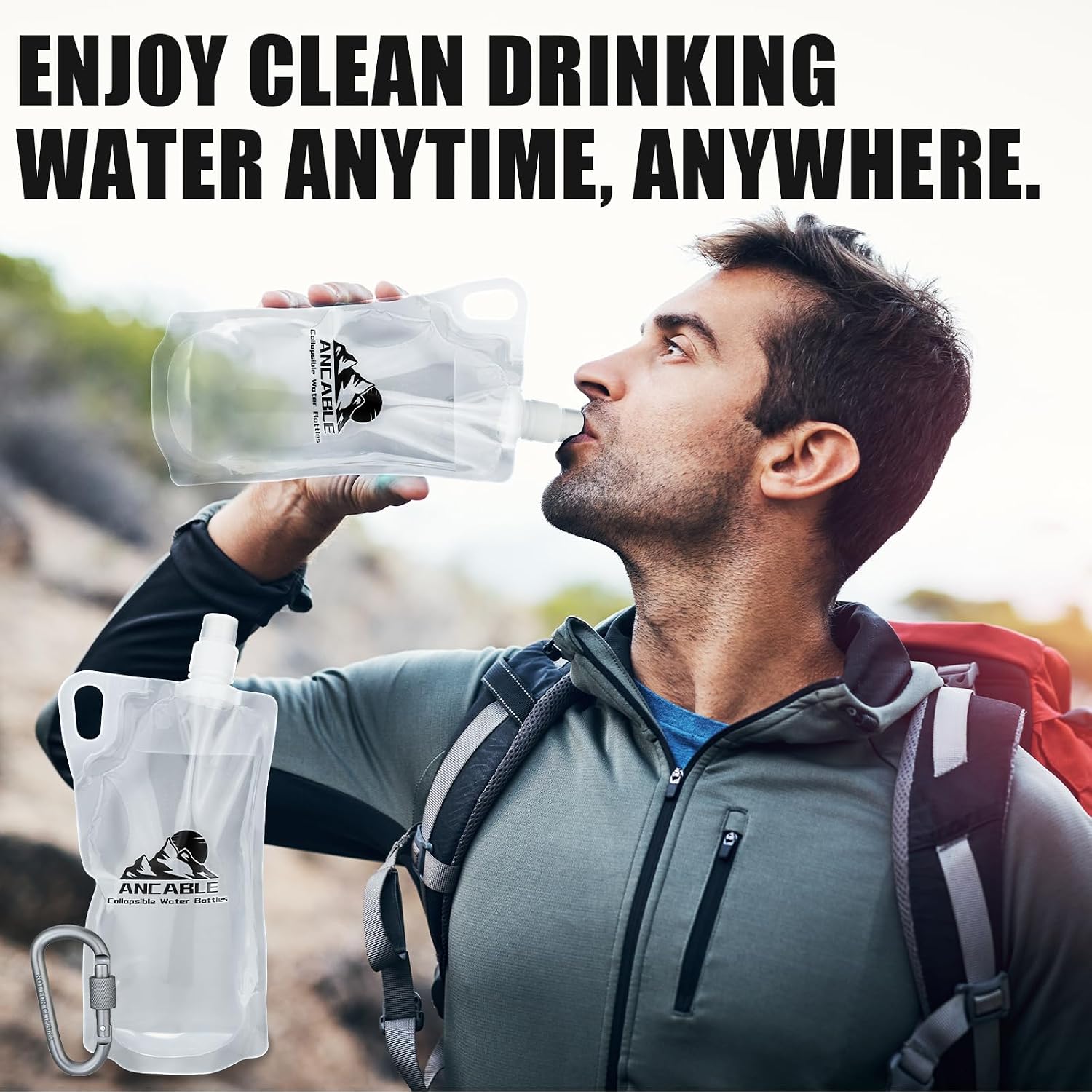 Ancable 1L Hiking Collapsible Water Bottles, 4-Pack 33OZ BPA-Free Foldable Backpacking Water Bottle for Travel Camping Hiking