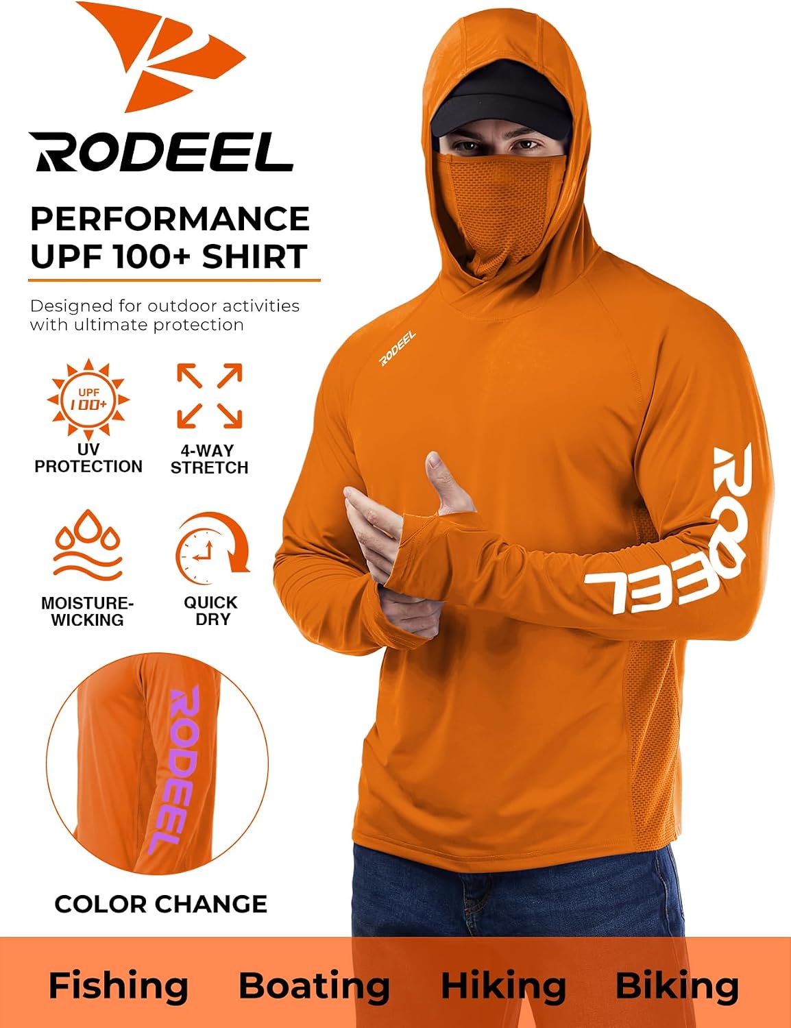 Rodeel UPF 50+ Men’s Long Sleeve Performance Fishing Hiking Shirt with Mask UV Neck Gaiter Hoodie