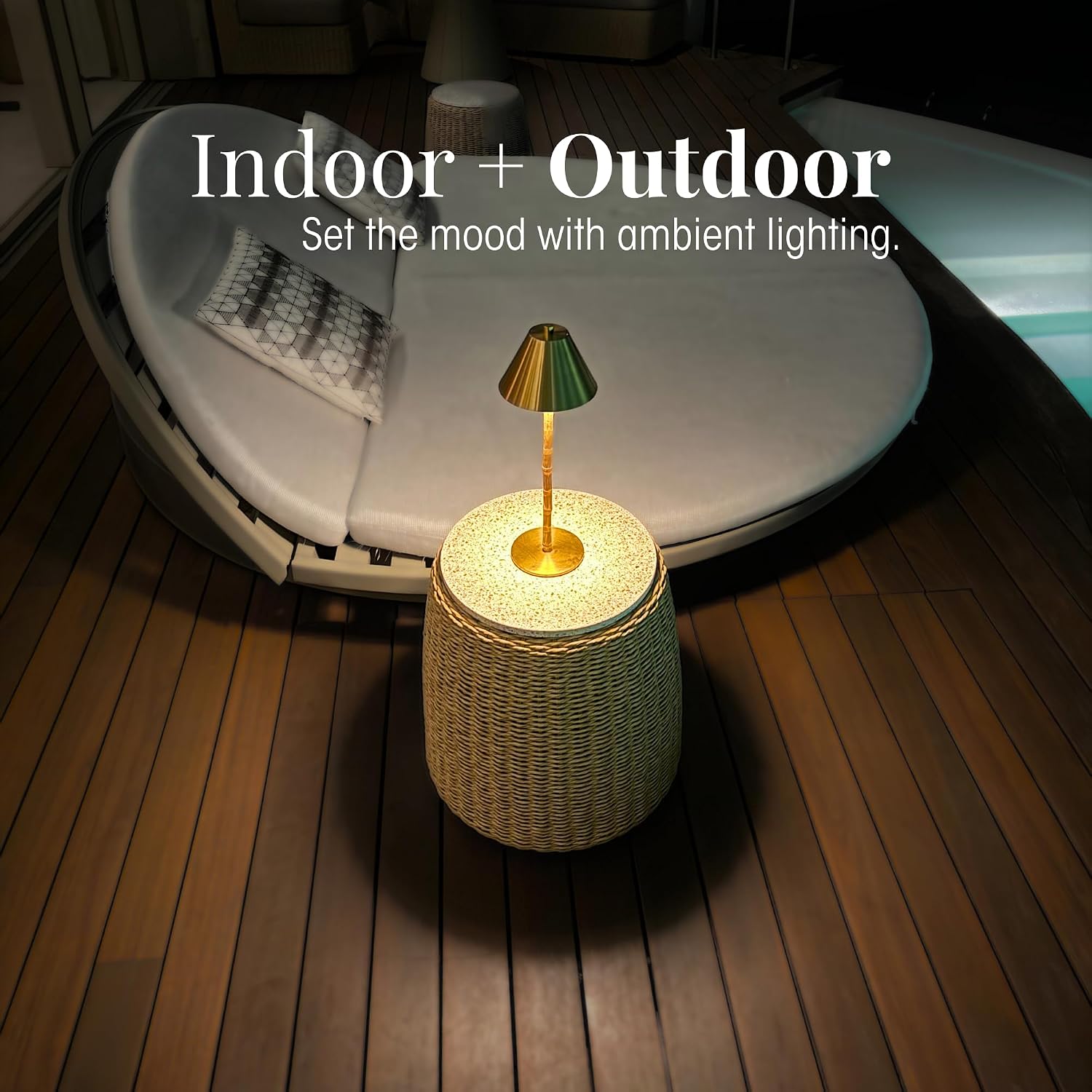 Bamboo Cordless LED Table Lamp – Rechargeable 24-Hour Battery, Dimmable Warm Light, Portable Wireless Lamp with Remote for Indoor/Outdoor Use, Home, Patio, Restaurant – (POLISHED GOLD), 14.76" Tall