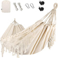 Bellzacasa Double Hammock, Heavy Duty 500 lb Load Capacity Tassels and Fishtail Knitting Portable Camping Hammocks with Mounting Straps for Outdoor Camping Patio Balcony Beige