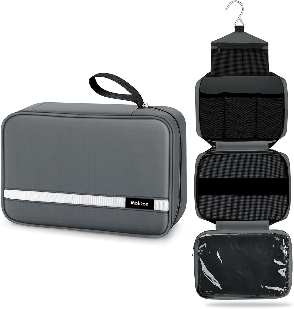 Maliton Toiletry Bag for Men & Women Travel Toiletry Bag Hanging Toiletry Bag Hygiene Organizer with 4 Compartments Waterproof Bathroom Shower Bag Large Toiletries Travel Bag (Gray)