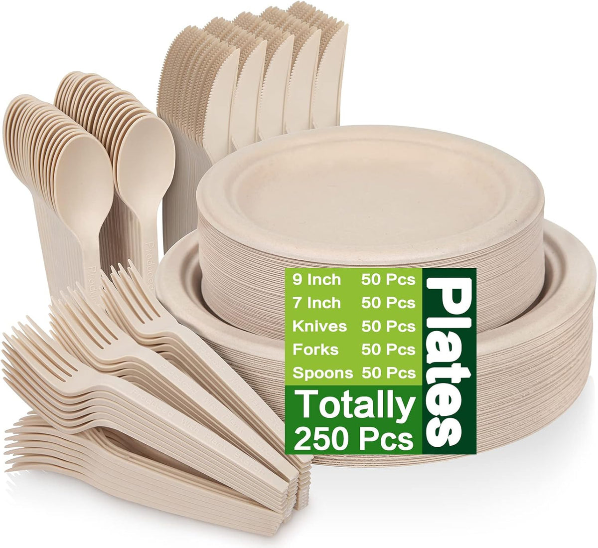 Unves 250 Pcs Compostable Paper Plates Set with Extra Long Utensils, White