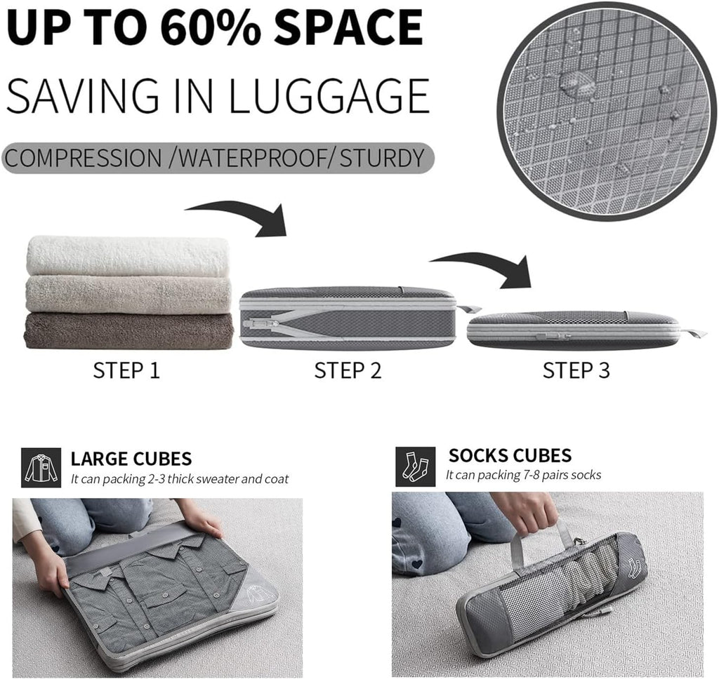 9-Set Packing Cubes with Hanging Bag | 9-Size Combination, Mesh Fabric & Reflective Stripe | Travel Luggage Organizers (Grey)