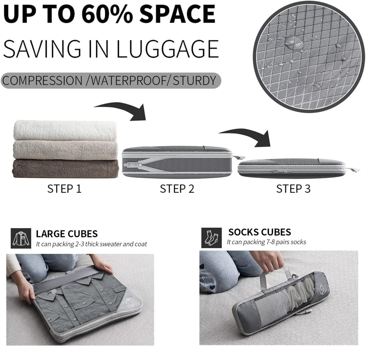 9-Set Packing Cubes with Hanging Bag | 9-Size Combination, Mesh Fabric & Reflective Stripe | Travel Luggage Organizers (Grey)