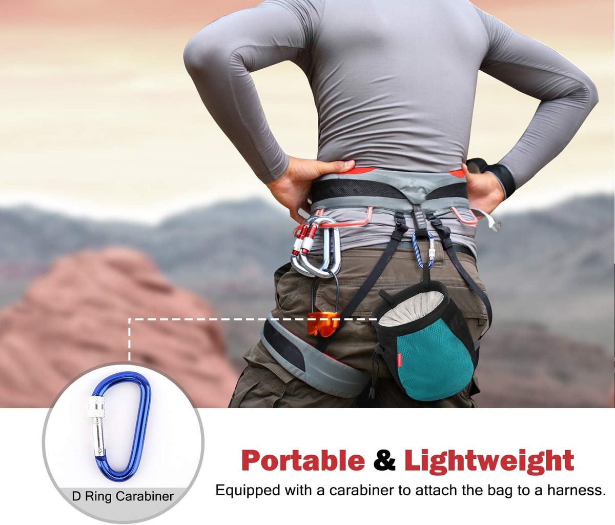 Moko Rock Climbing Chalk Bag, Bouldering Chalk Pot Bucket with Adjustable Belt & Carabiner Drawstring Climbing Gear