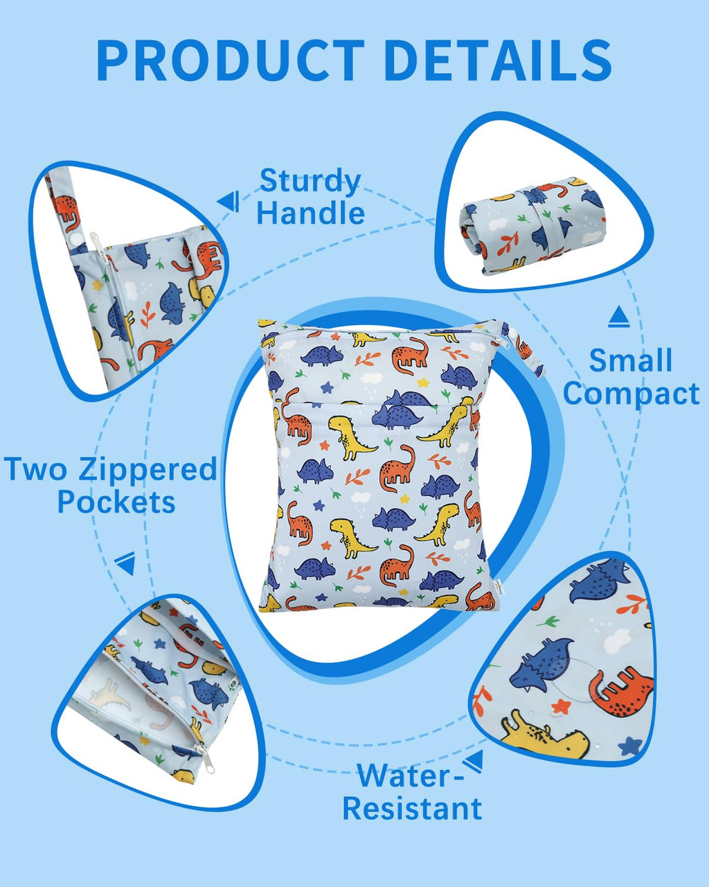 babygoal Dinosaur Wet Dry Bags 3 Pack, Waterproof Travel Bags for Swimsuits, Beach, Pool, Gym,Food Storage and Wet Clothes,3LN40-B