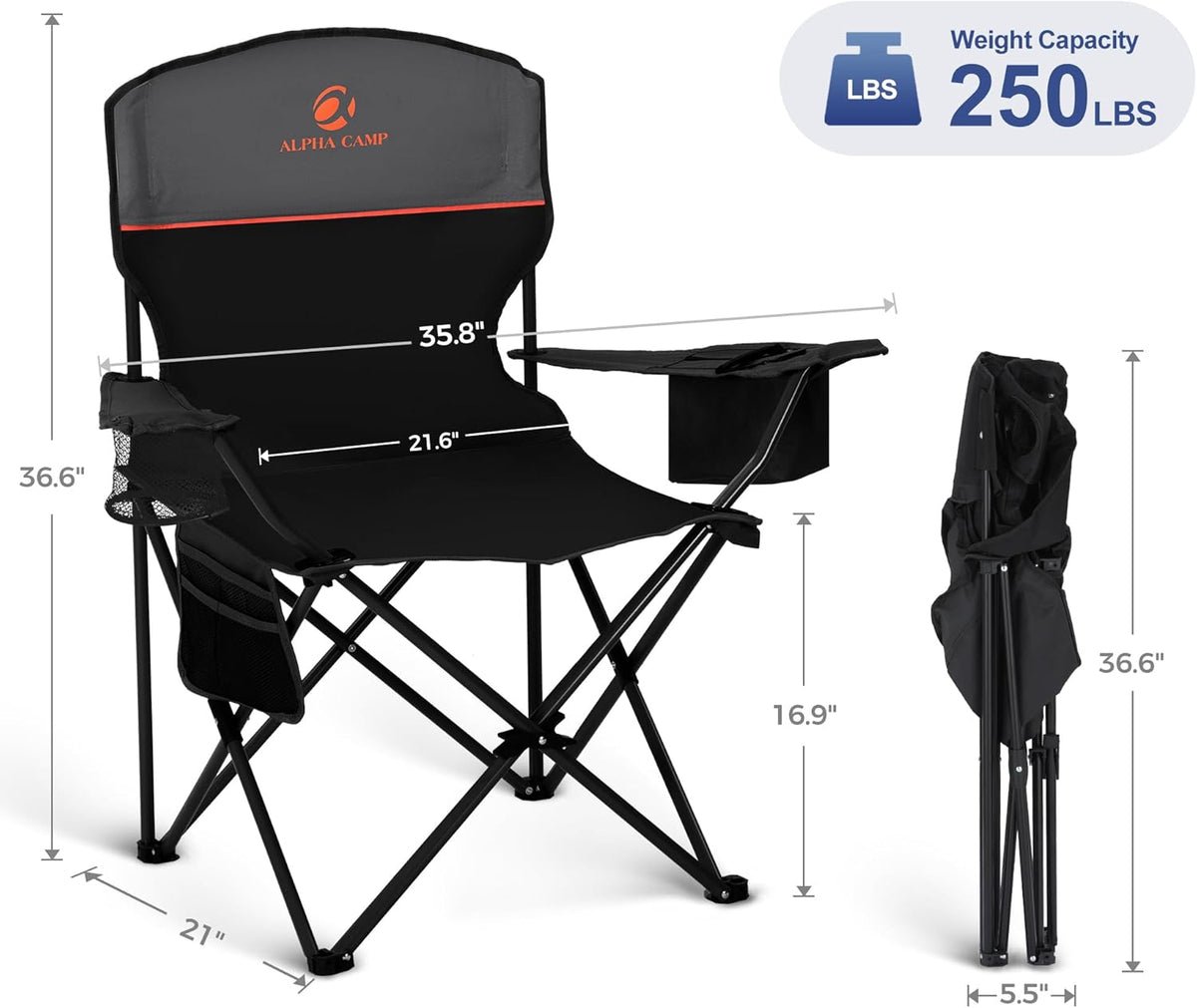 LET'S CAMP Camping Chair 2 Pack Folding Chair with 4-Can Cooler Bag