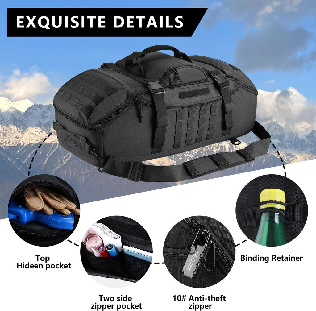 Hannibal Tactical 65L Large Duffle Bag, 3-in-1 Tactical Backpack MOLLE Pack for Sports, Gym, Outdoor, Black