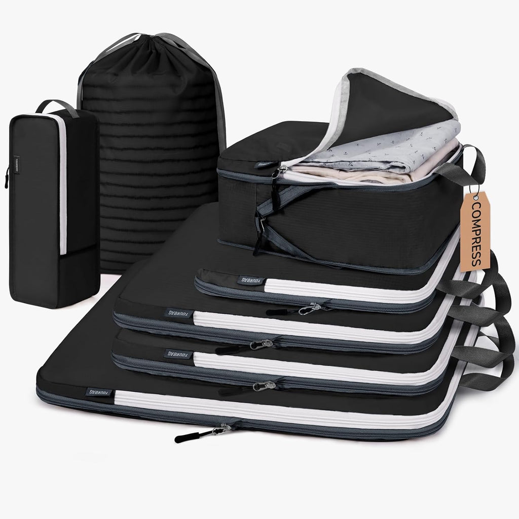 CherryNow 7 Set Compression Travel Packing Cubes for Suitcases, Black