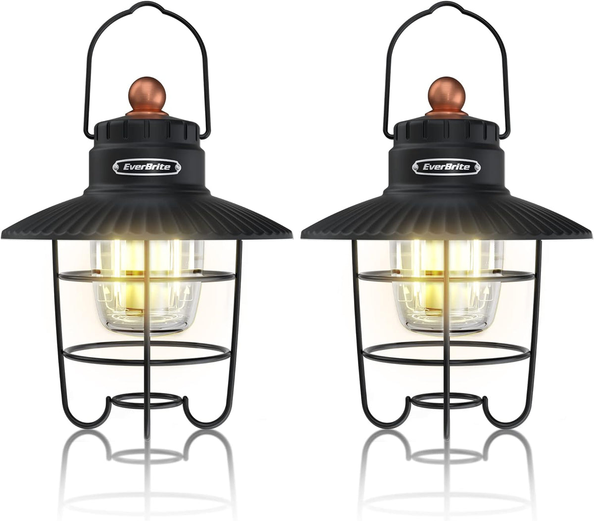 EverBrite LED Camping Lantern Pack of 2, USB C Rechargeable Lantern with 3 Light Modes, Vintage Outdoor Lanterns with Power Bank Function for Power Outages, Hurricane, Emergency, Fishing
