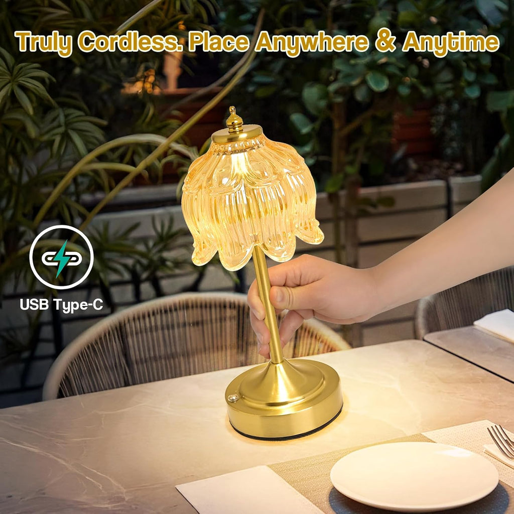 Cordless Table Lamp, Rechargeable Amber Glass Lotus Flower Lamp