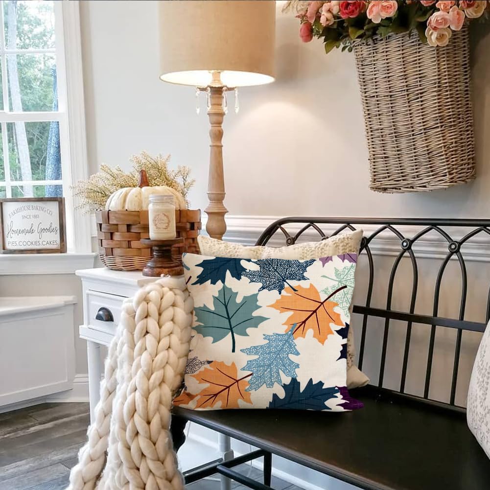 Fall Pillow Covers 18x18 Set of 2,Blue Maple Leaves Outdoor Thanksgiving