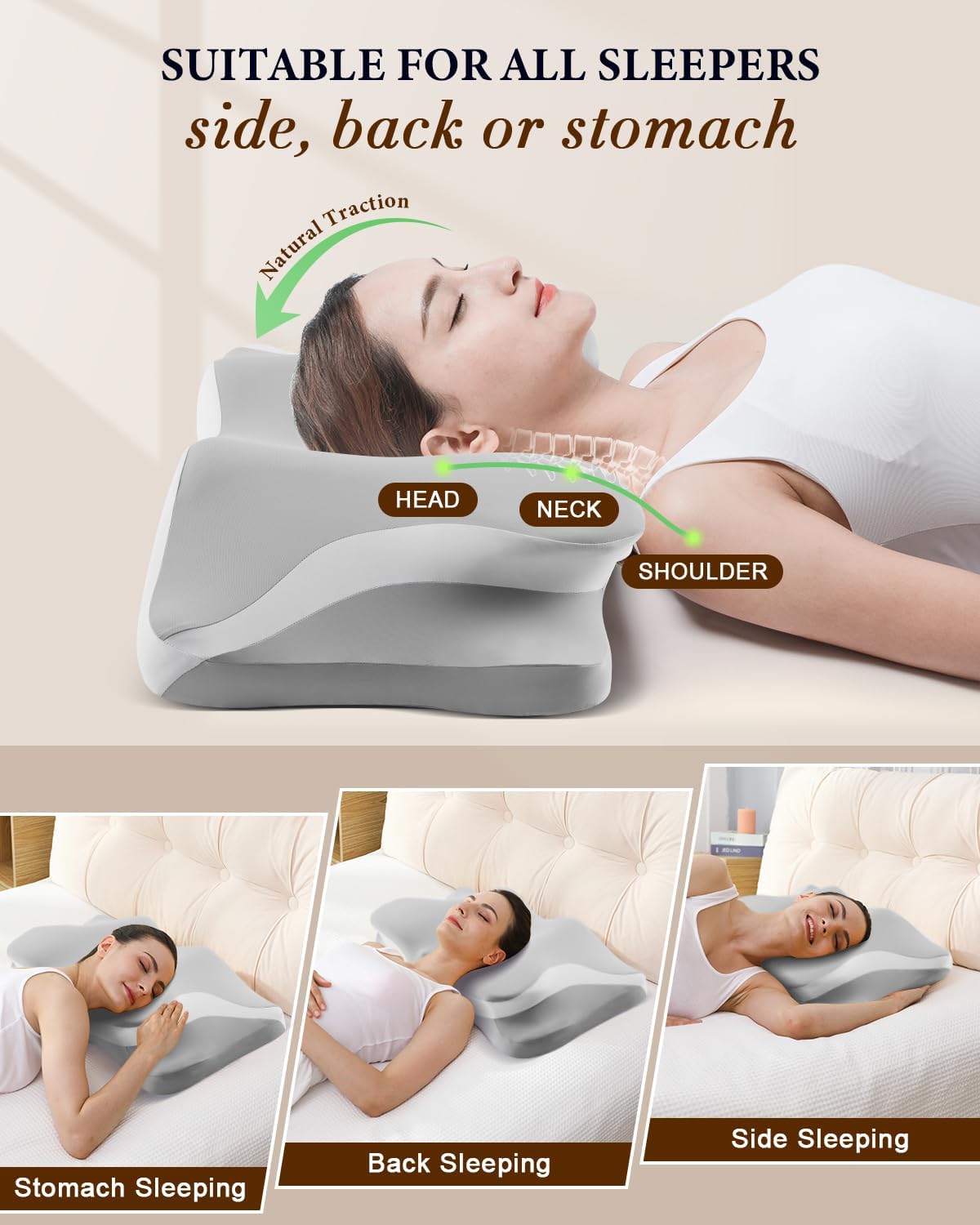 Camping Pillow with Hand-Rolled Vacuum Bag, Cooling Cervical Pillow for Sleeping, Ergonomic Memory Foam Pillows for Indoor & Outdoor,Portable Neck Support Pillow for Side Back Stomach Sleepers