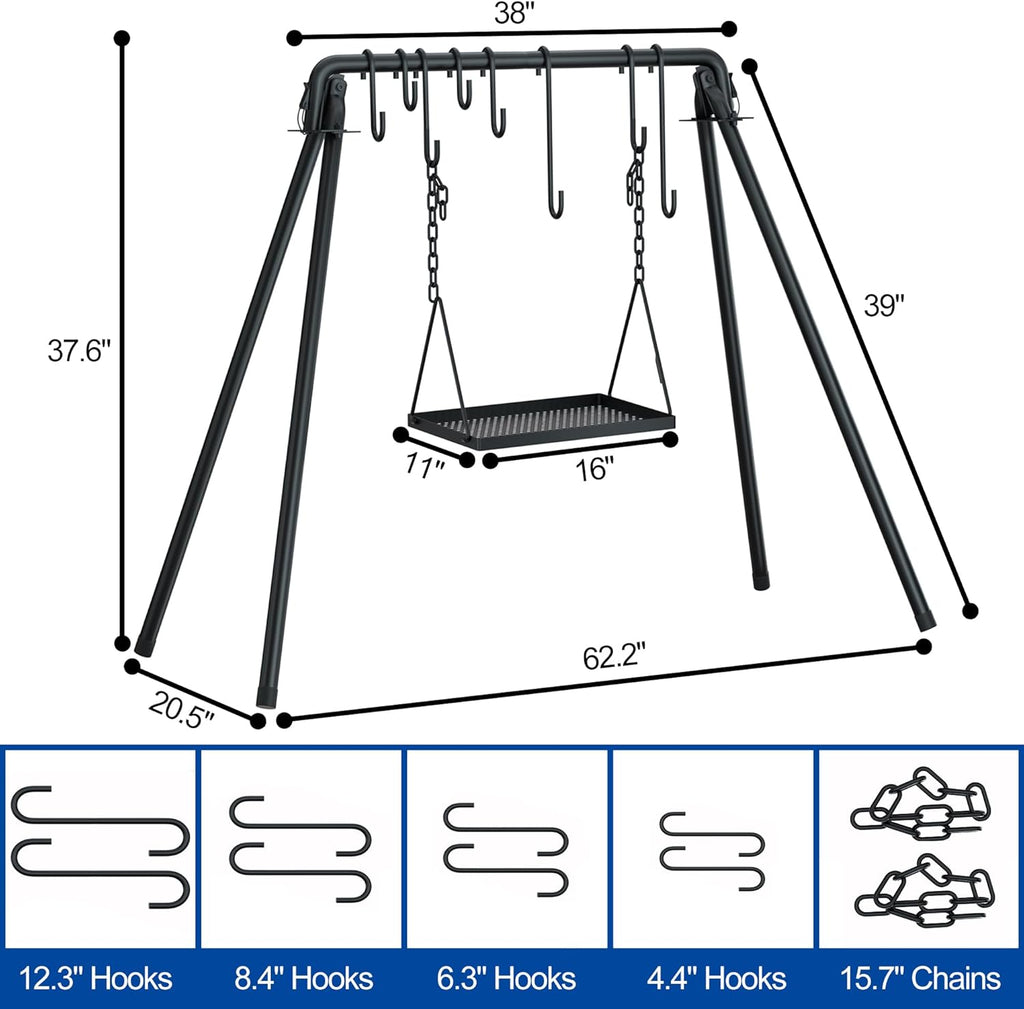 RELIANCER Grill Swing,Campfire Grill Cooking Stand w/8 Hooks & Storage Bag,Cast Iron BBQ Party Swing Grilling Cooking Rack,Outdoor Picnic Camping Cookware Hanging Rack,Collapsible Bonfire Barbecue Set