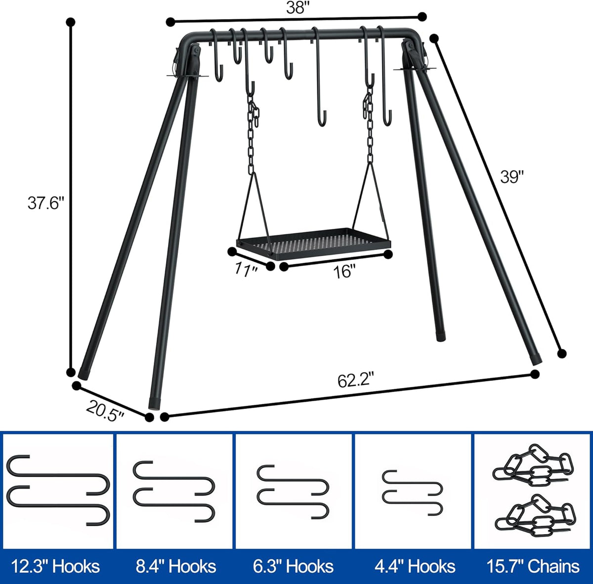 RELIANCER Grill Swing,Campfire Grill Cooking Stand w/8 Hooks & Storage Bag,Cast Iron BBQ Party Swing Grilling Cooking Rack,Outdoor Picnic Camping Cookware Hanging Rack,Collapsible Bonfire Barbecue Set