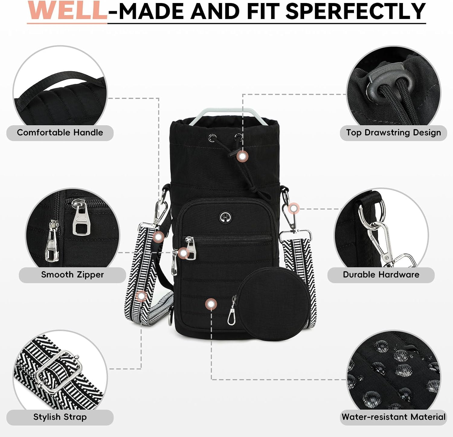 Water Bottle Carrier Bag with Strap Phone Pocket for Walking, Hiking, Cycling
