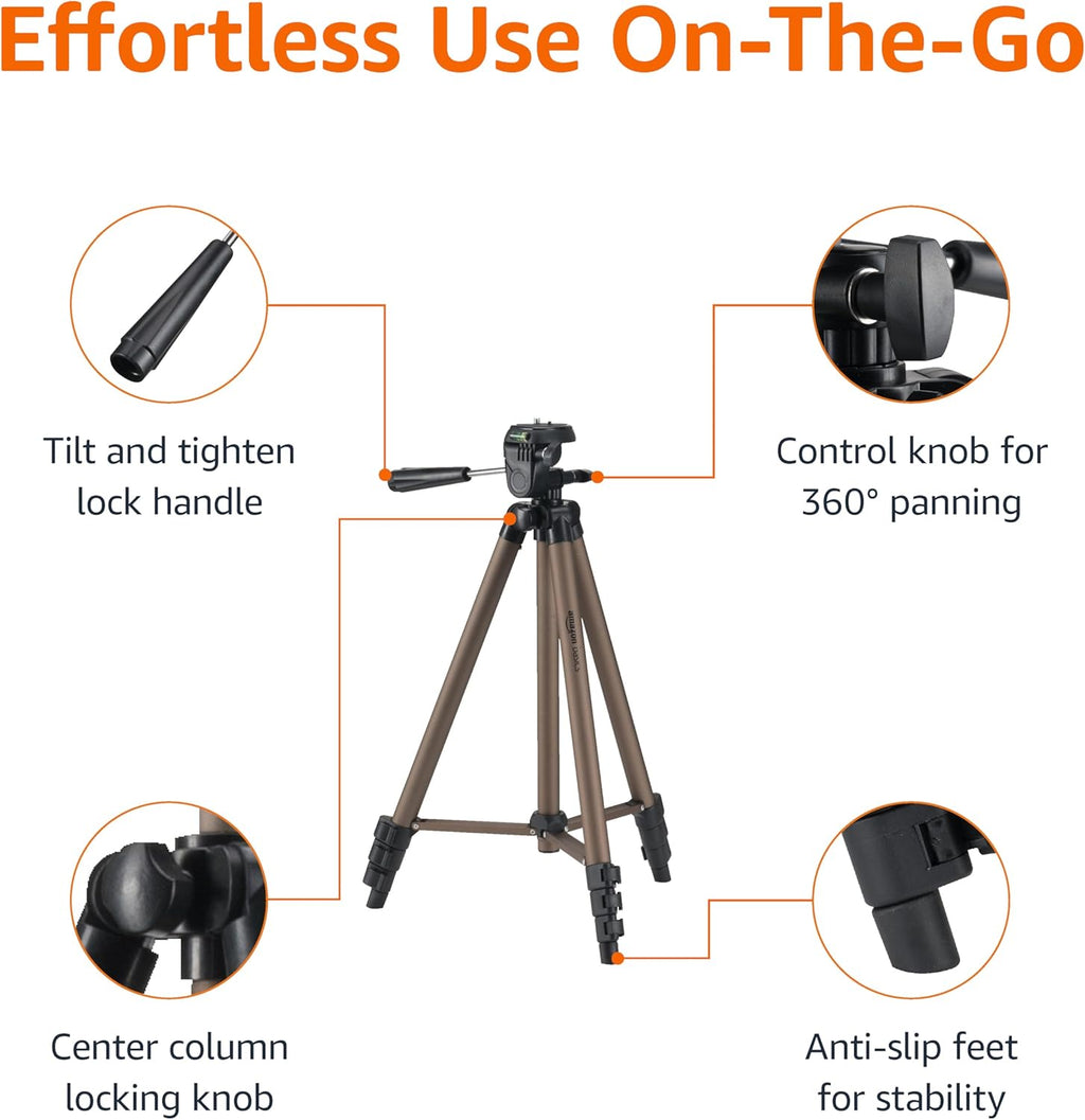 Amazon Basics 50-inch Lightweight Portable Camera Tripod Stand with Quick-Release Plate, Adjustable Height, Aluminum, for Travel Photography, Champagne