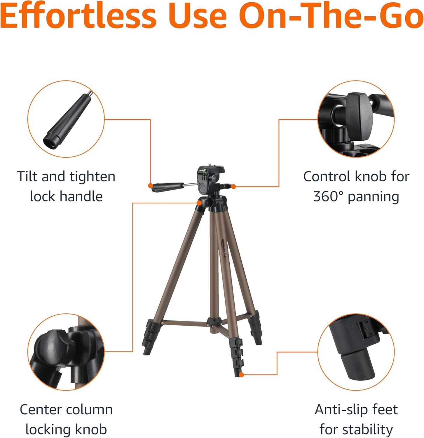Amazon Basics 50-inch Lightweight Portable Camera Tripod Stand with Quick-Release Plate, Adjustable Height, Aluminum, for Travel Photography, Champagne