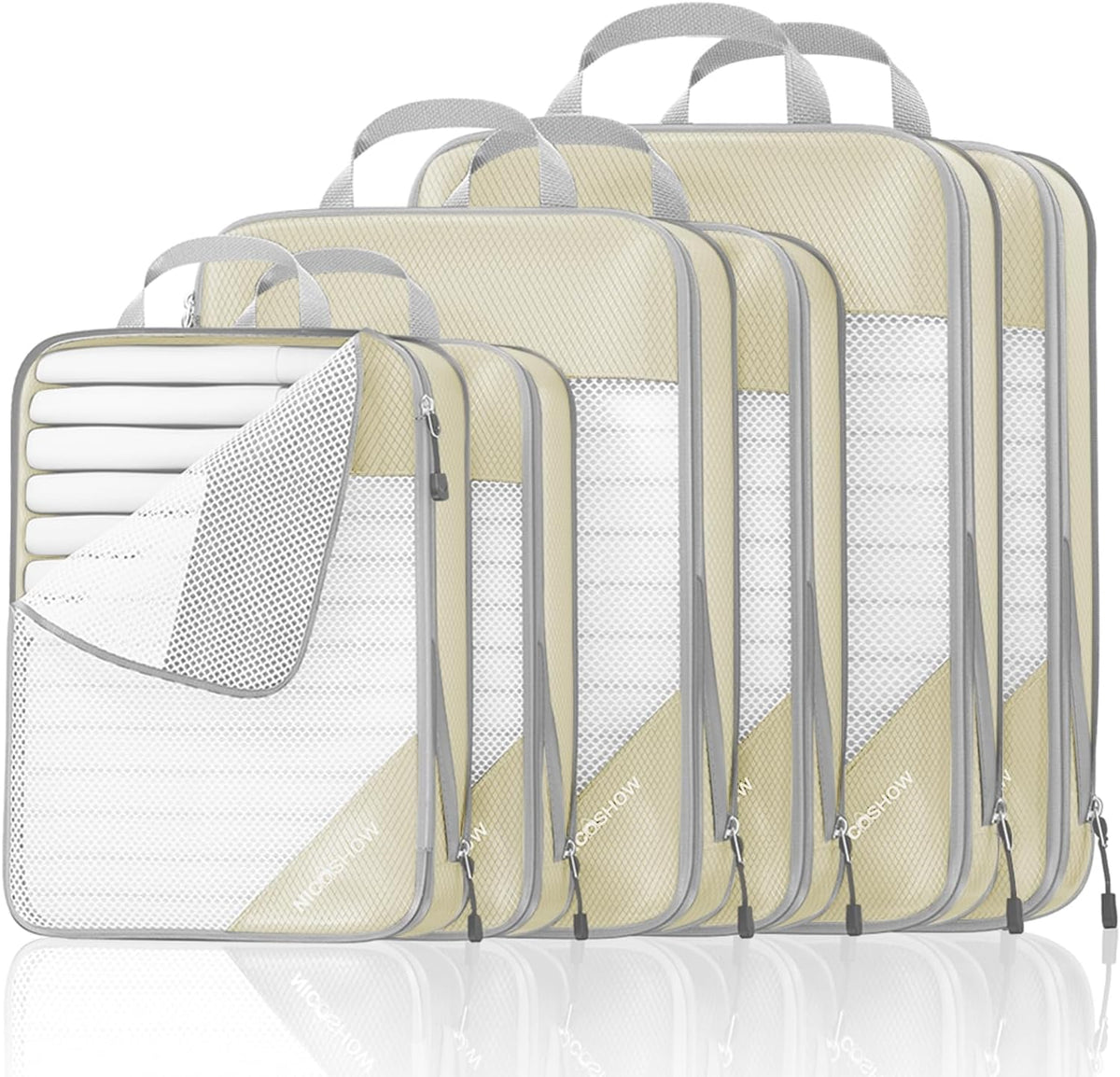 NICOSHOW Compression Packing Cubes 6 Set, Compressible Space-Saving Packing Cubes for Travel - Compression Bags, Luggage Organizer, Travel Essentials for Women, Beige