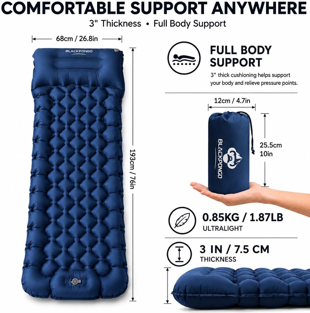 3-Inch Camping Sleeping Pad with Built-in Foot Pump