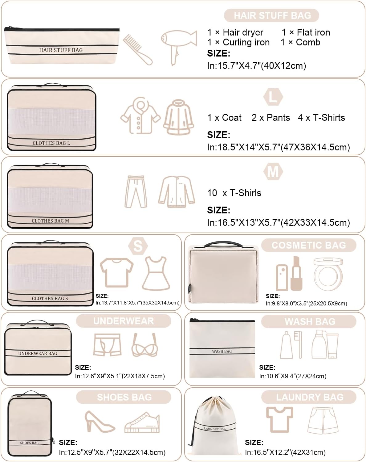 9 Set Packing Cubes Luggage Packing Organizers for Travel Accessories Space Saving Travel Bags for Carry On, Lightweight Mesh Zipper, Clothes, Shoes, Laundry and Shoe Bag, Suitcases (Cream)