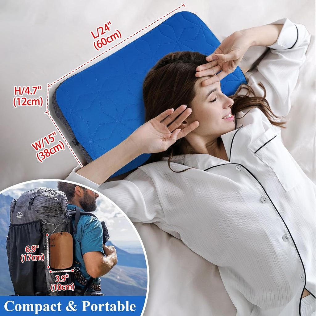 UWILLION Camping Pillow with Removable Cover Large Size 24" x 15" - Ultralight Inflatable Pillow for Camping Lightweight, Ergonomic and Washable for Camping, Hiking, and Travel Blue