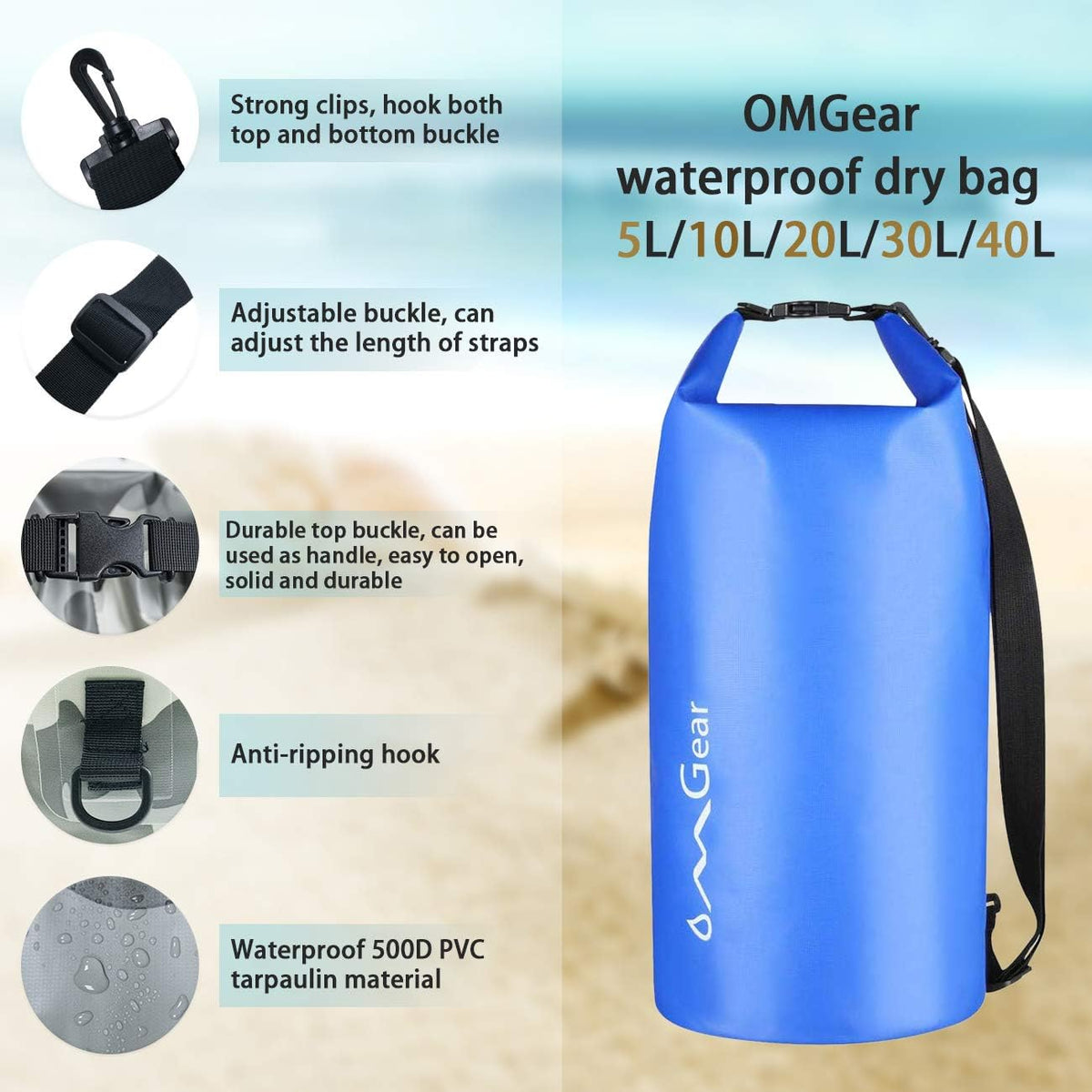 OMGear Waterproof Dry Bag Backpack Phone Pouch 40L/30L/20L/10L/5L Floating Dry Sack for Kayaking Boating Outdoors Activities