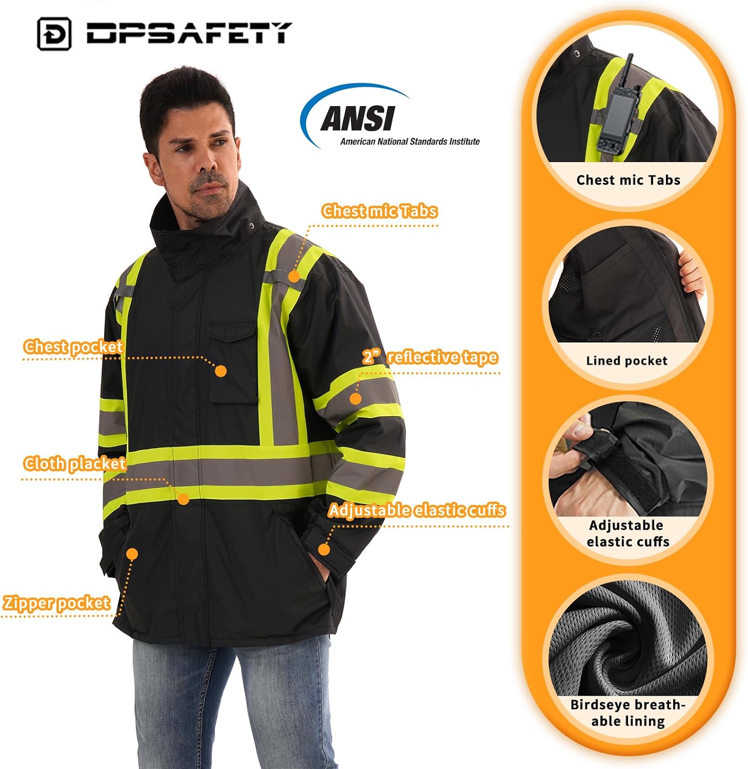 Reflective Rain jackets for men waterproof,Hi Vis Safety Coat With Reflective Strips，High Visibility Class 3 Rain jackets With 2 large pockets，Zipper,Black ，4XL/5XL