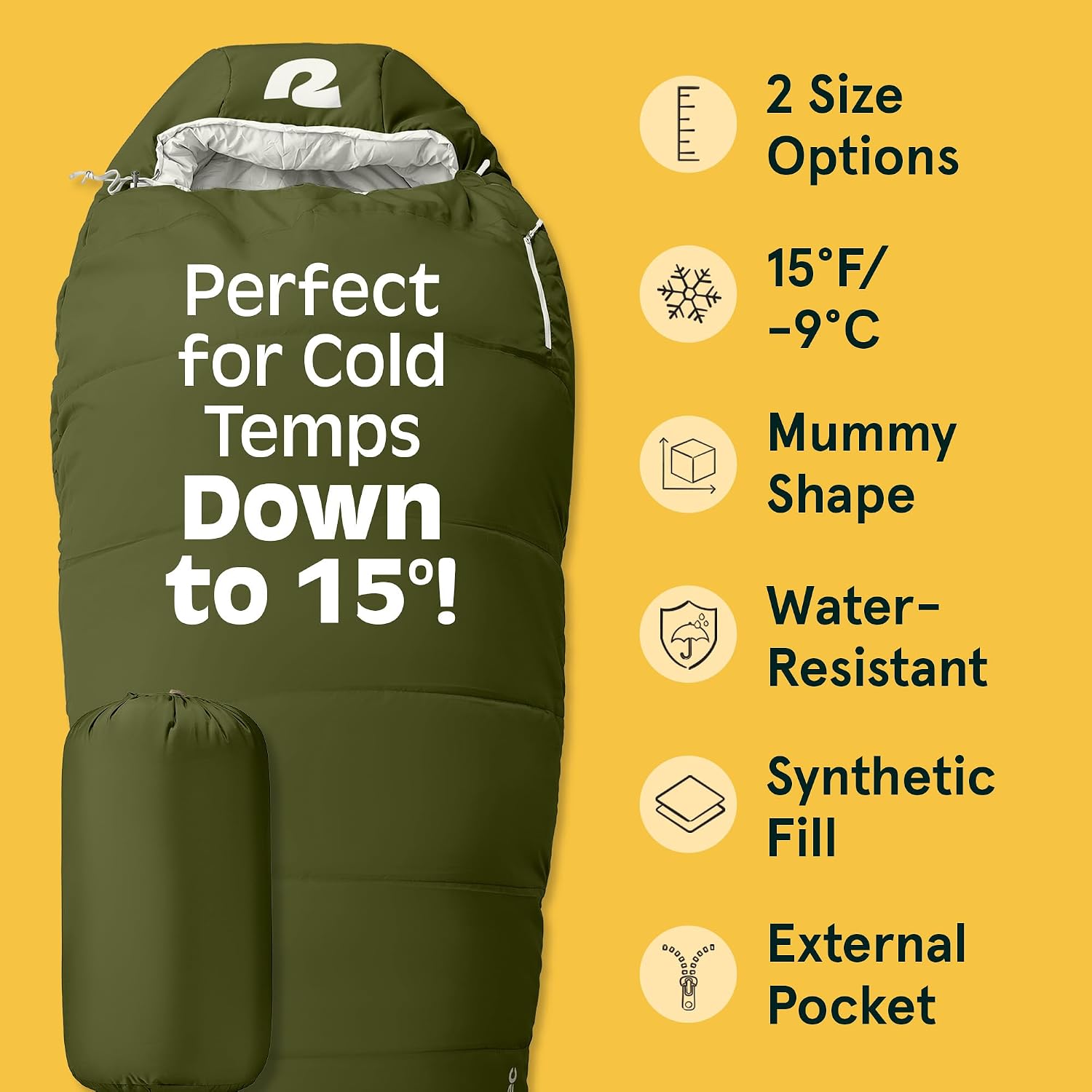 Retrospec Dream Mummy Sleeping Bag - 5, 15, & 30°F Cold Weather Camping & Travel Essential Gear with Water - Resistant Shell & Synthetic Fill - Zippered Pocket & Stuff Sack