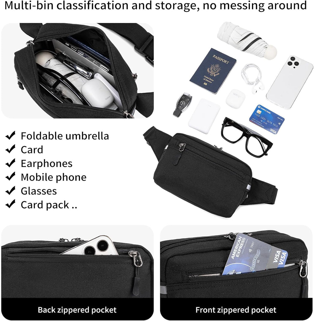 Mini Hiking Waist Bag, 3-Pocket 1.7L RFID Blocking Fanny Pack for Men Women (Black)