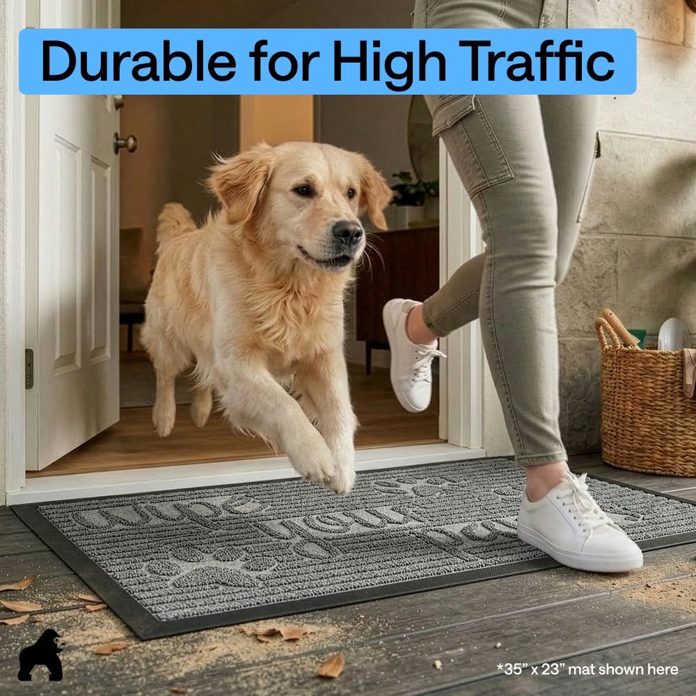 GORILLA GRIP WeatherMAX Door Mat, Indoor Outdoor Use, 29x17, Gray Paw