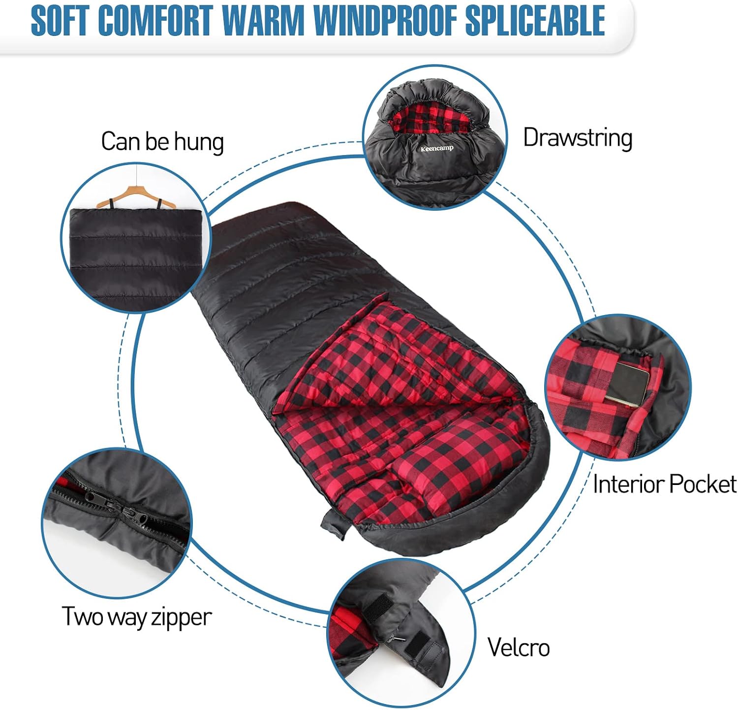Keencamp 0 Degree Sleeping Bag Cotton Flannel Winter Cold Weather for Adults XXL Sleeping Bag 4 Season Big and Tall with Pillow Compression Sack