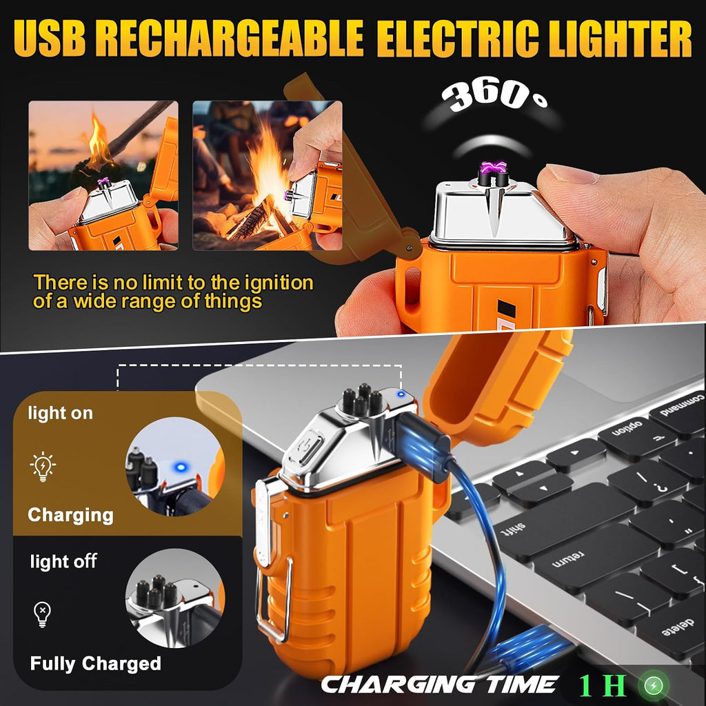 Electric Plasma Lighter, Torch Lighter, 2 Pack Outdoor Waterproof Matches | A Rechargeable Dual Arc lighter + A Refillable Butane Lighter, Camping Hiking Hunting Gadgets,Survival Gear Gifts for Men