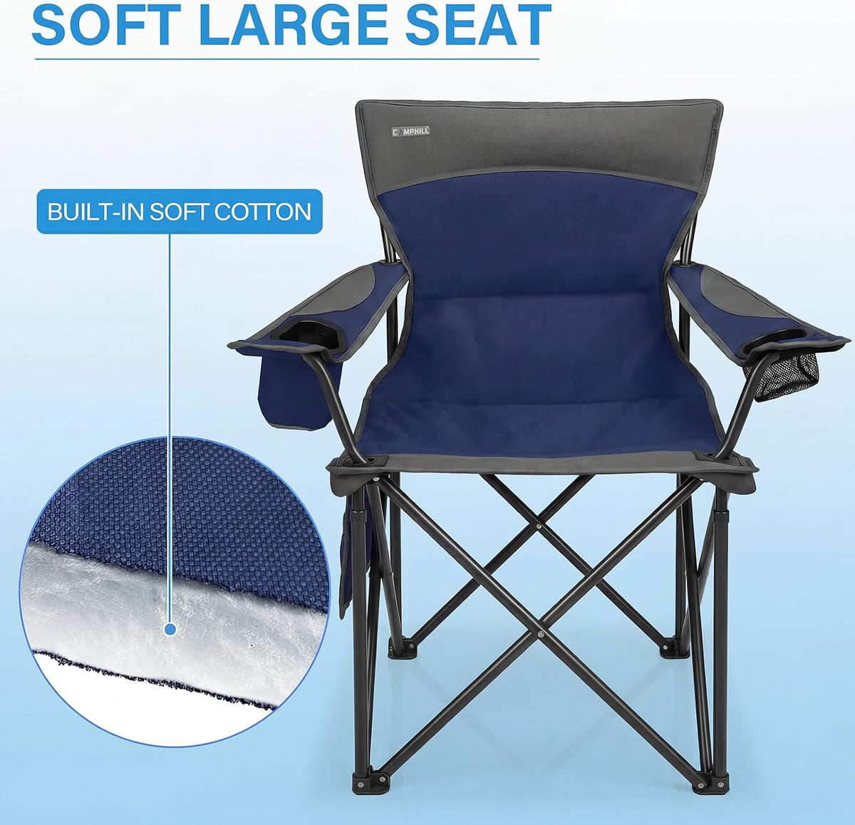 Oversized Camping Chair for Adults - 2 Pack Padded Lawn Chairs with Cup Holder & Side Pocket,Heavy Duty Folding Outdoor Chairs for Camp,Sports,Picnic,Beach,Dark Blue