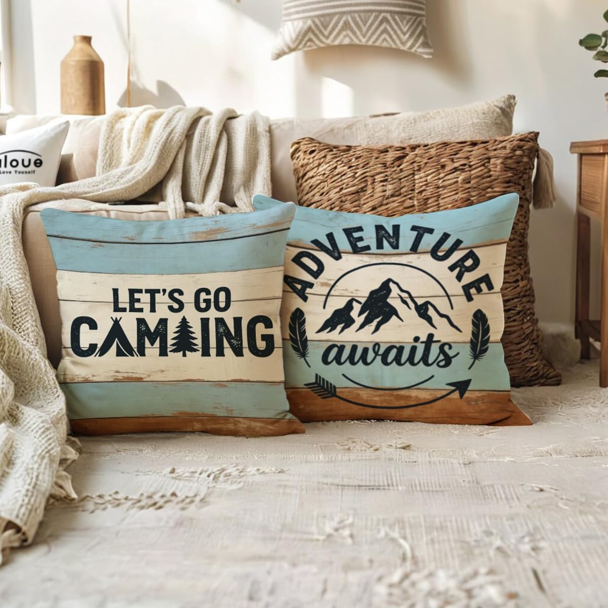 ULOVE LOVE YOURSELF Adventure Awaits Throw Pillow Cover Let’s Go Camping Cushion Covers Cabin/Camper Decorative Pillowcases 18 x 18 Inch,Set of 2