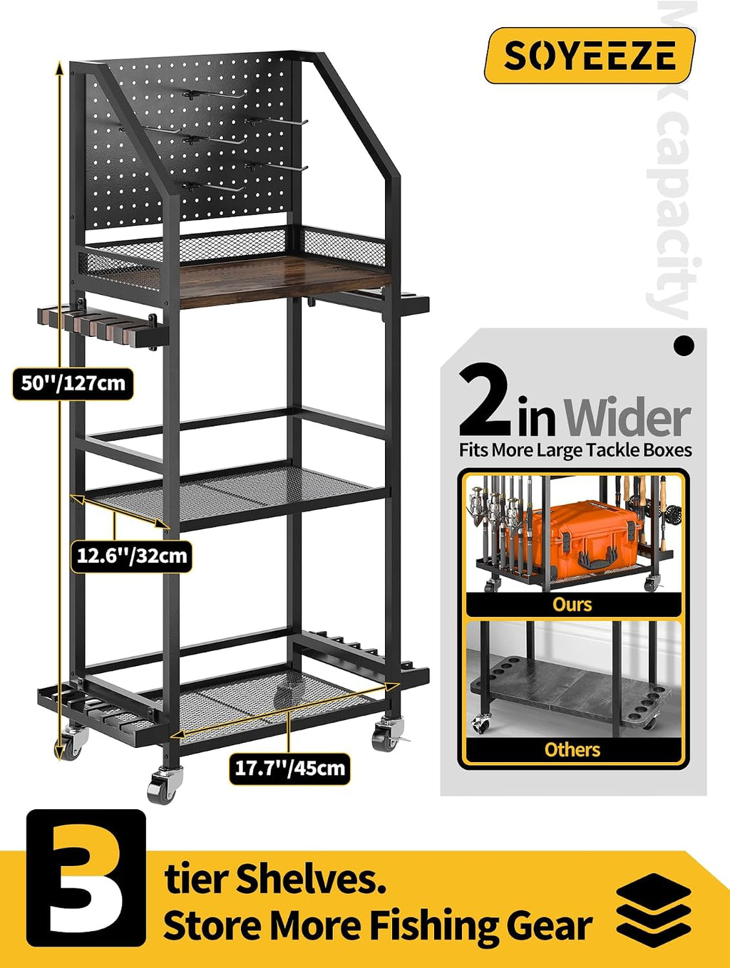 SOYEEZE Fishing Rod Holders for Garage, Fishing Pole Holders Up to 12 Rods with Pegboard and Hooks,Rolling Fishing Cart with Wheels, Fishing Gear Storage For Tackle Box & Reel Organization-6 Hooks