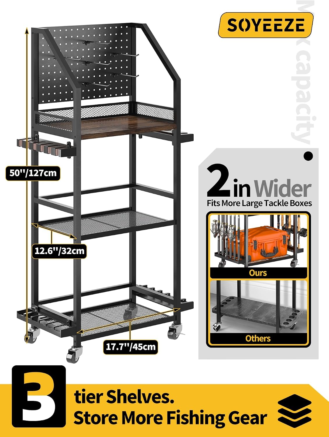 SOYEEZE Fishing Rod Holders for Garage, Fishing Pole Holders Up to 12 Rods with Pegboard and Hooks,Rolling Fishing Cart with Wheels, Fishing Gear Storage For Tackle Box & Reel Organization-6 Hooks