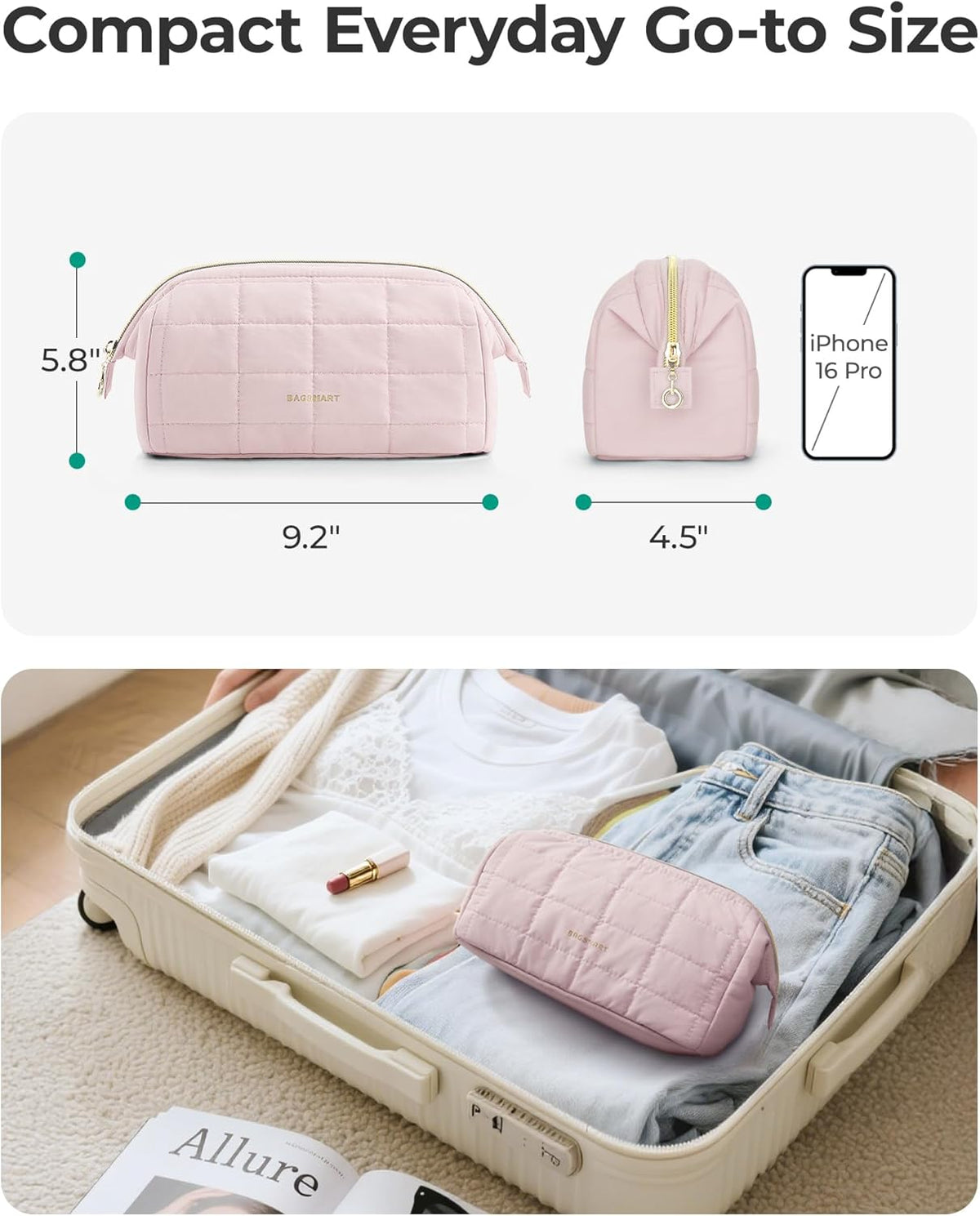 BAGSMART Makeup Bag Travel Toiletry Bag, Puffy Padded Make Up Bags for Women Makeup Organizer Case, Wide-open Pouch Purse Travel Essentials Toiletries Accessories Brushes, Apricot Pink