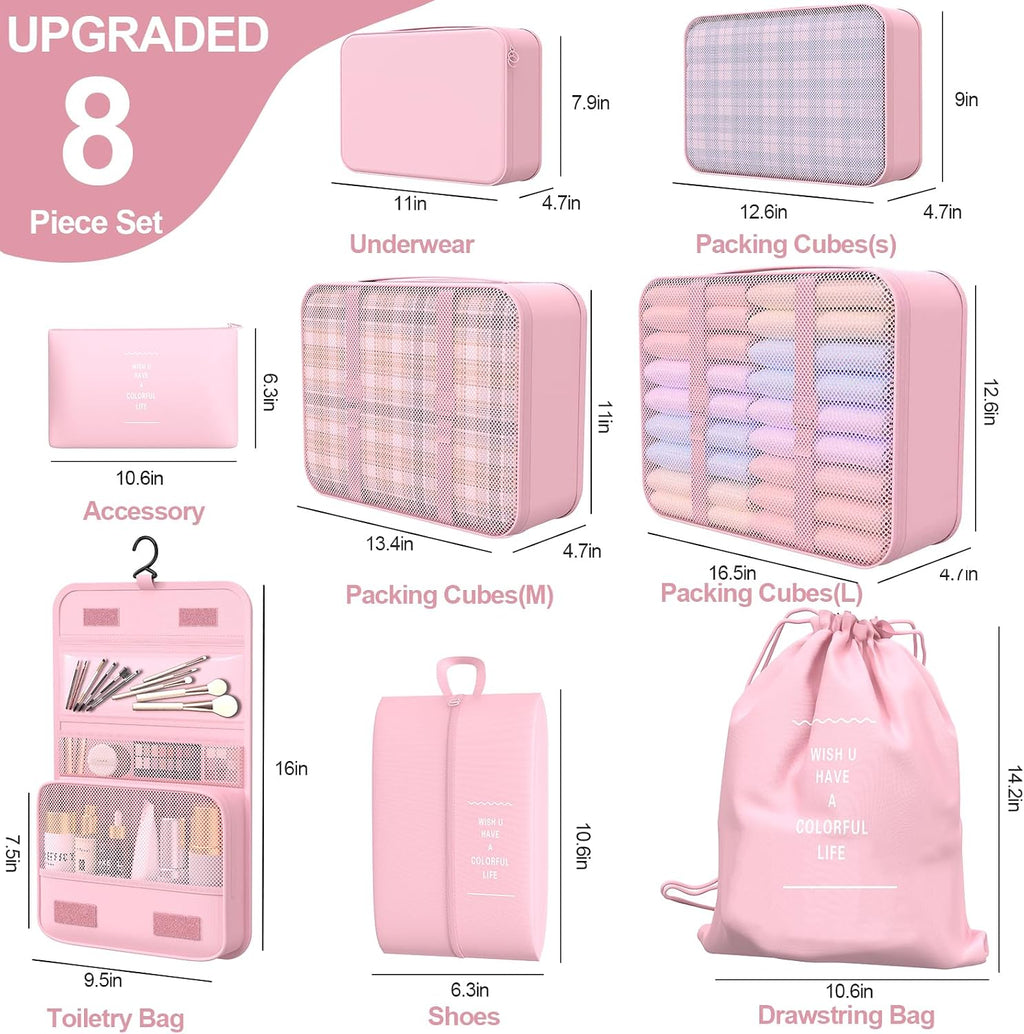 8 Set Packing Cubes for Travel, Suitcase Organizer Bags for Luggage (Pink)