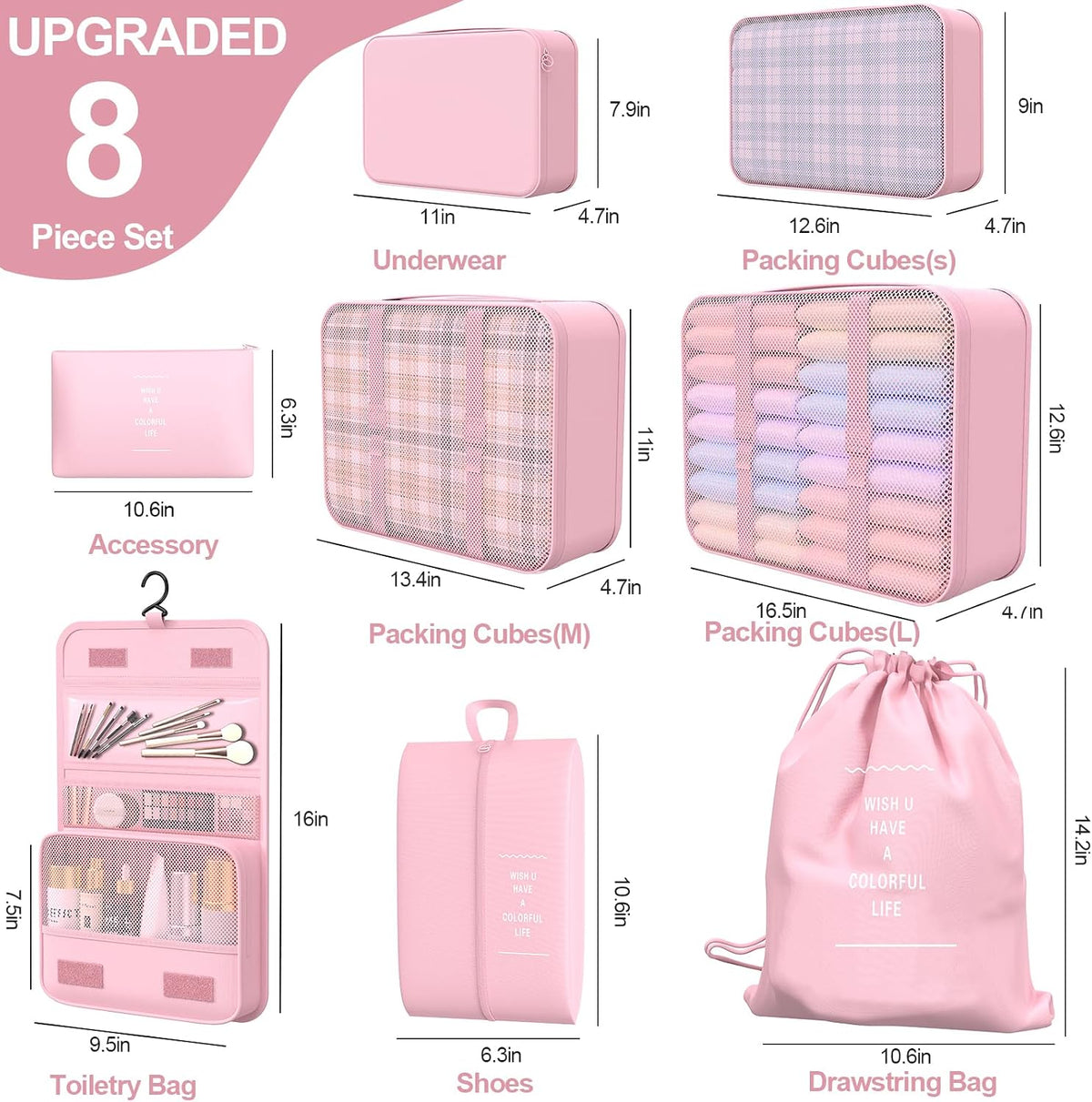 8 Set Packing Cubes for Travel, Suitcase Organizer Bags for Luggage (Pink)