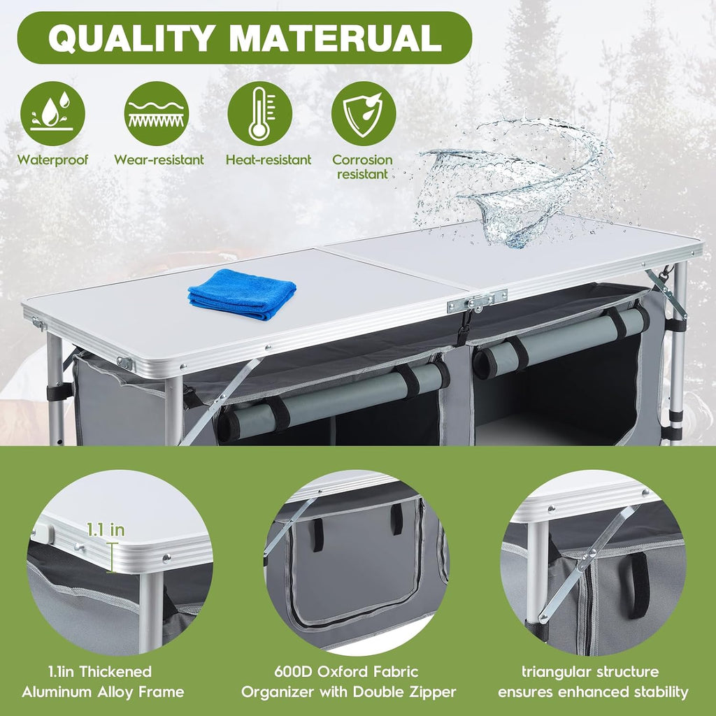 Outdoor Folding Camping Table with Storage Organizer(Grey)