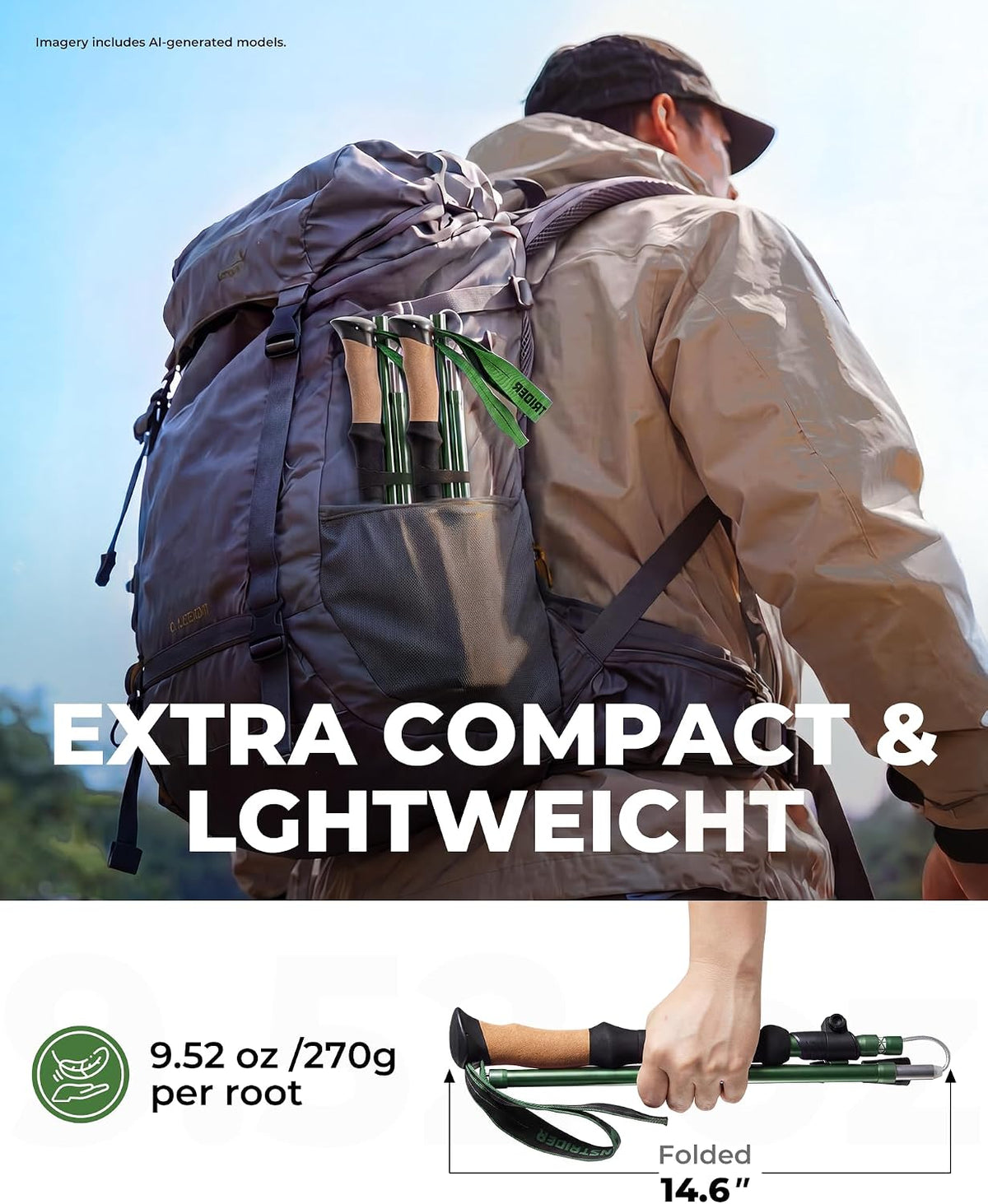 Trekking Poles for Hiking - Collapsible Lightweight 7075 Aluminum Hiking Poles (9.5 oz), Cork Grip Tri-Fold Walking Sticks for Seniors, Men & Women, Adjustable 43-53" (Set of 2)