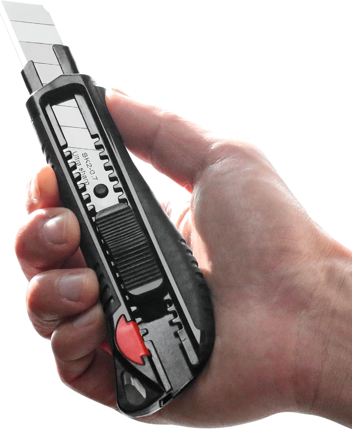 HAUTMEC 18mm Soft Grip Auto-Lock Utility Knife With Red Safety Switch, Sturdy Cutter with Ultra Sharp Black Snap-off Blade HT0081-4PC