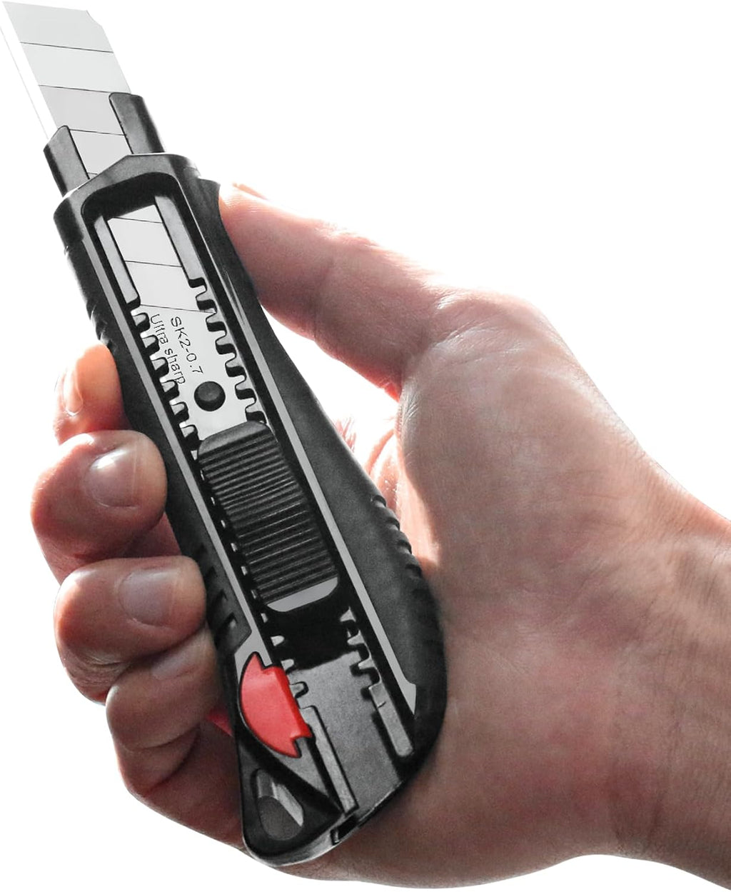 HAUTMEC 18mm Soft Grip Auto-Lock Utility Knife With Red Safety Switch, Sturdy Cutter with Ultra Sharp Black Snap-off Blade HT0081-2PC