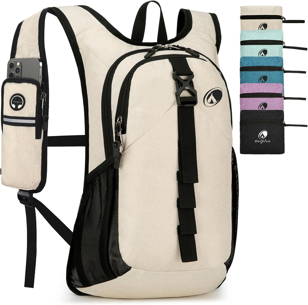 Folding Hiking Backpack with Phone Pocket for Men Women, Small Ultralight Packable Casual Daypack with Shoulder Chest Straps for Travel, 15L Foldable Lightweight Day Pack, Beige
