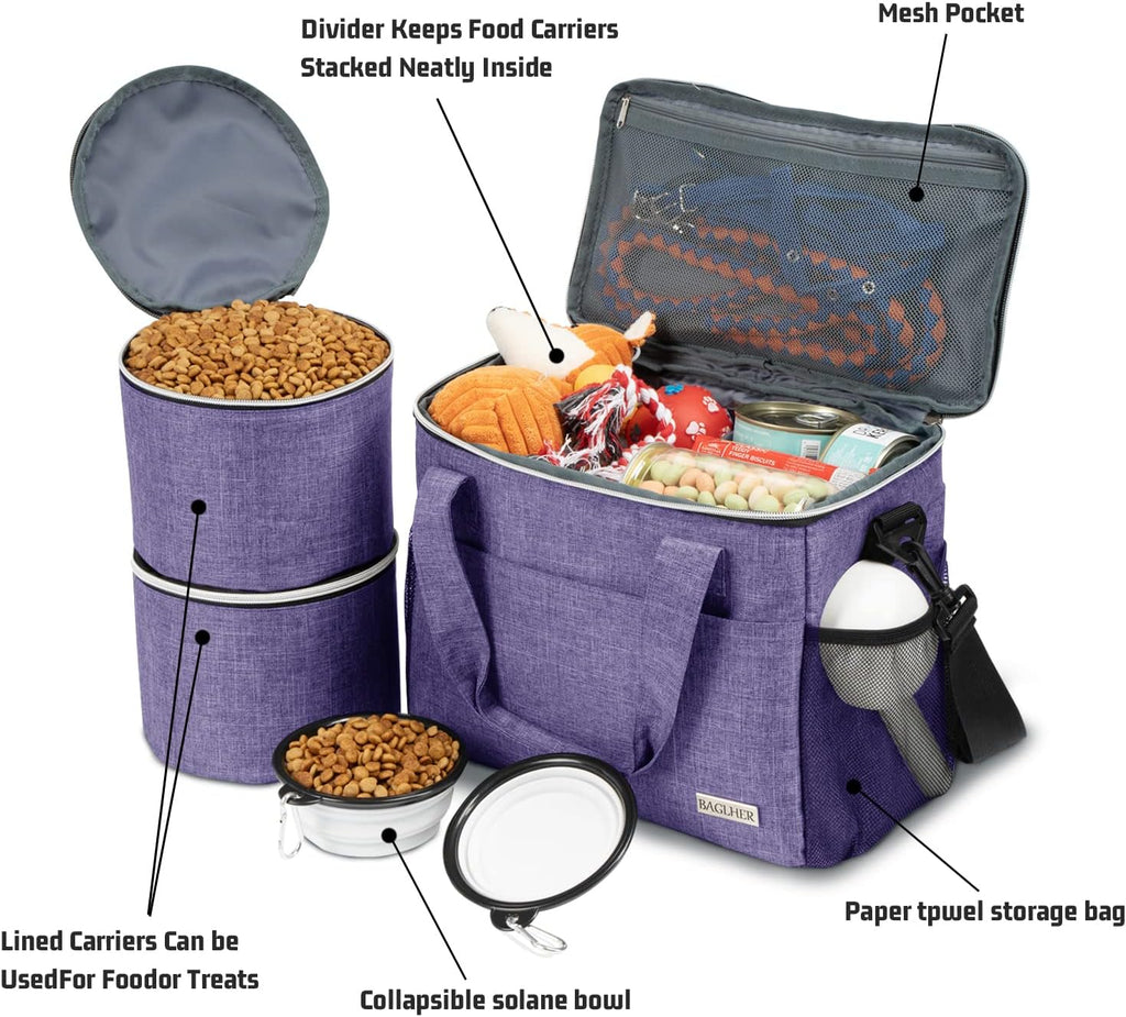 BAGLHER Dog Travel Bag Backpack Pet Supplies Backpack 5-Piece Set with Shoulder Strap 2 Lined Pet Food Containers 2 Foldable Feeding Bowls Essential Kit for Pet Travel