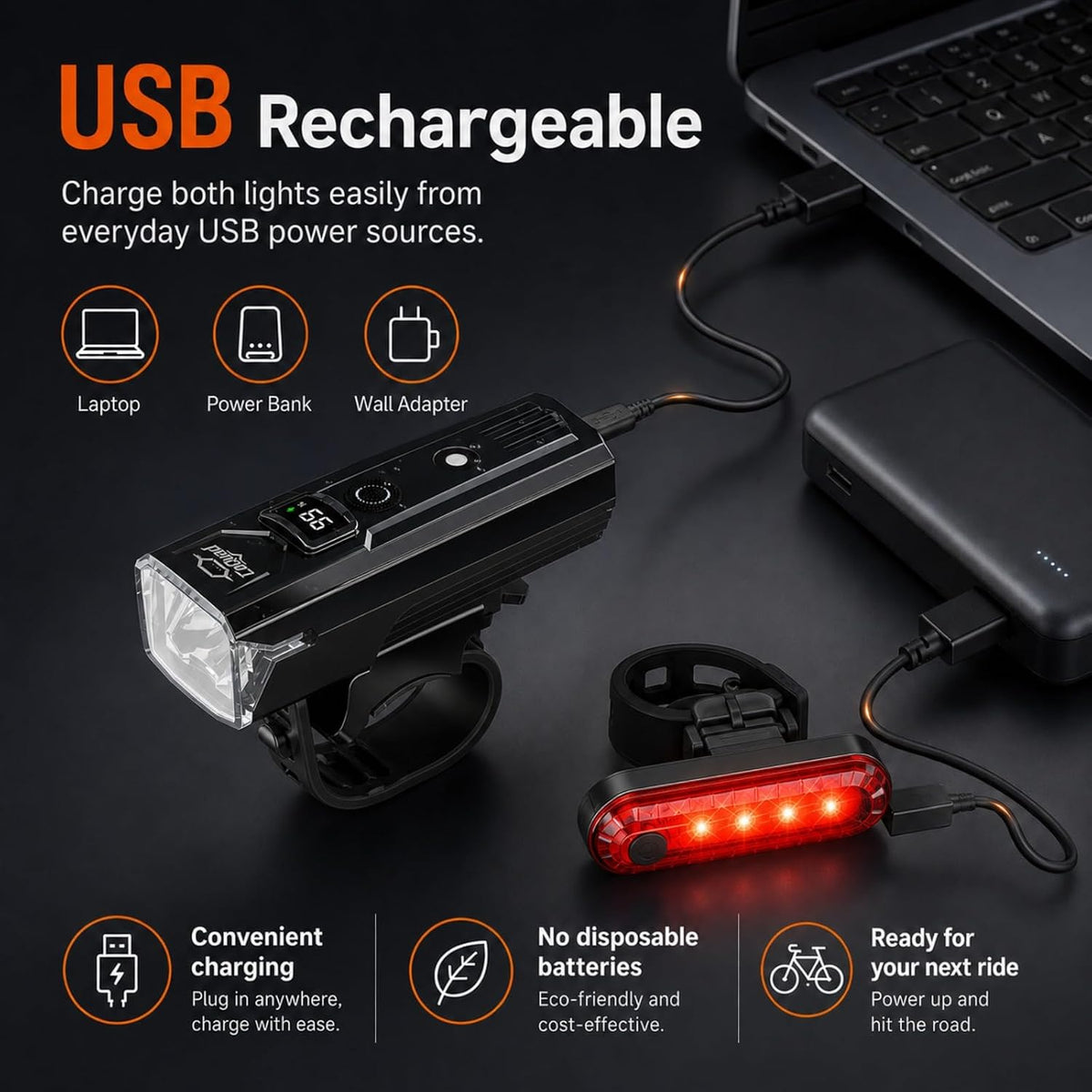 Front & Rear Bike Light Kit, IPX6 Waterproof Rechargeable Bicycle Light