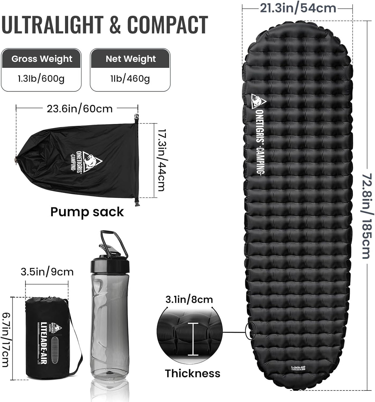 ONETIGRIS R3.5 Insulated Sleeping Pad,Ultralight Inflatable Camping Pad
